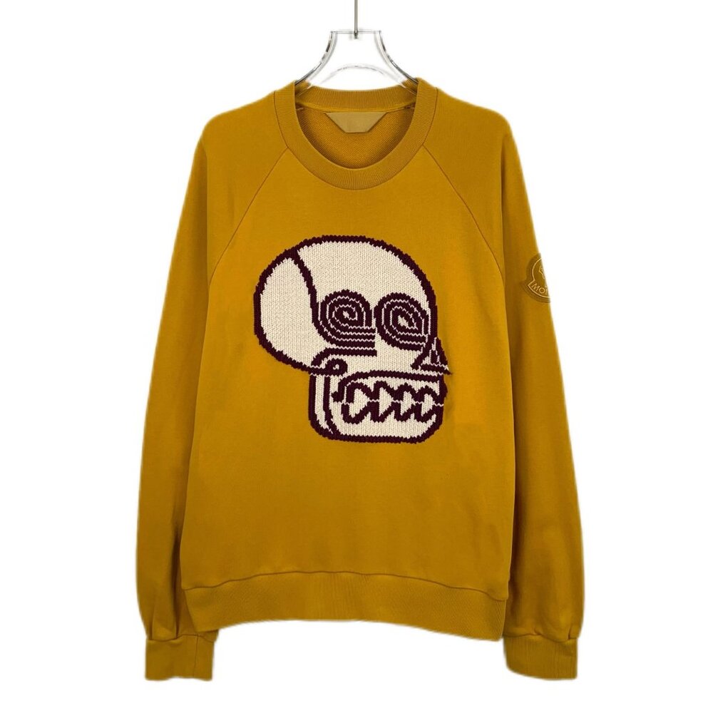 Moncler Yellow Crewneck Sweatshirt W/ Abstract Skull Pattern & Logo Patch Cotton